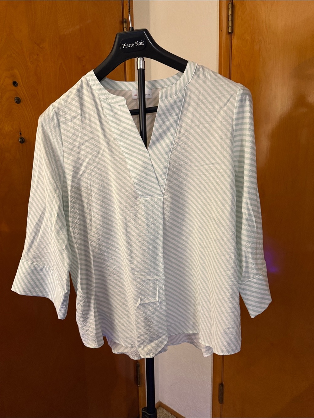 Liz Claiborne Mint and White Striped Split-Neck Blouse
